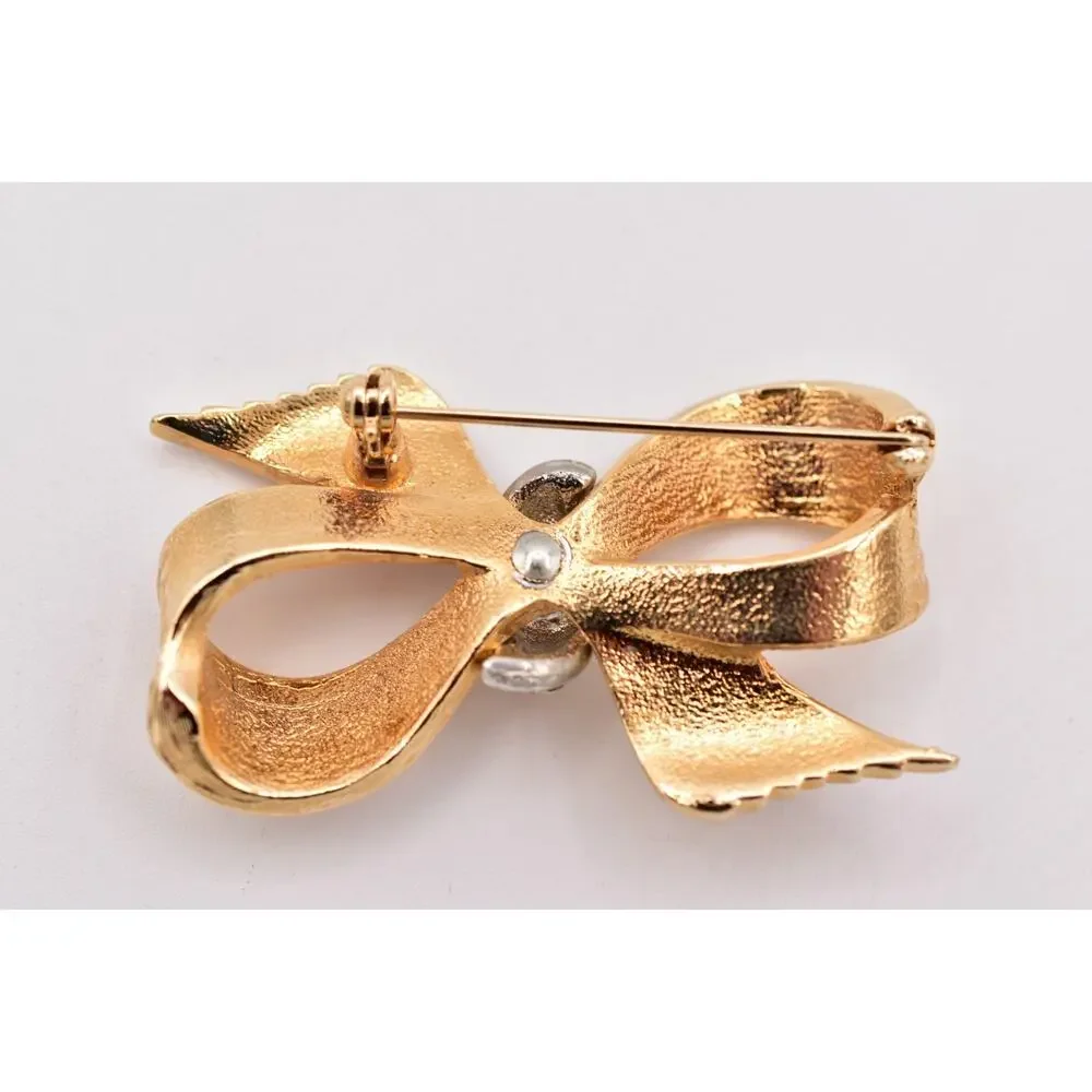 Vintage Gold Bow Brooch Crystal Rhinestone Ribbed Ribbon Statement Pin 1980s A25
